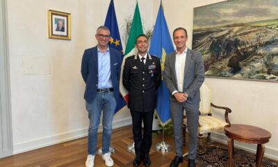 Da sinistra l'assessore Roberti, il comandante Migliozzi e il governatore Fedriga - Trieste: sicurezza al centro, incontro tra Fedriga e il nuovo comandante dei Carabinieri